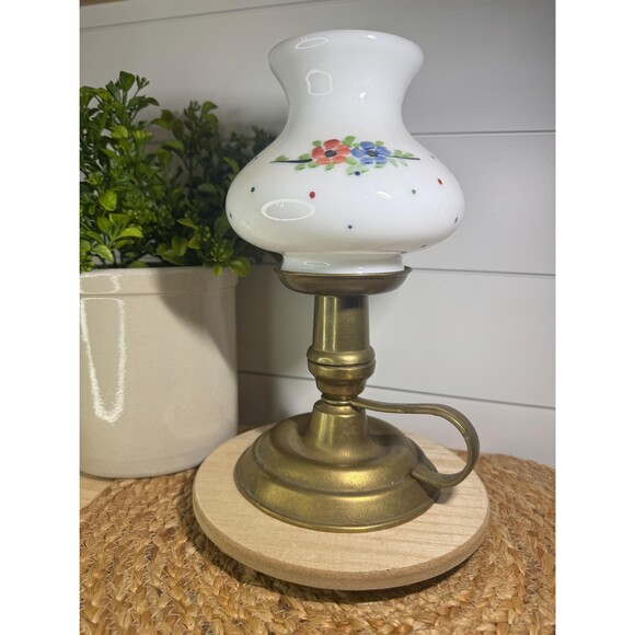 VTG Brass and Floral Painted Milk Glass Hurricane Lamp Candle Holder - Picture 1 of 14